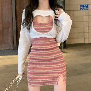 Women's knitted stretch striped halter neck mini dress with slit